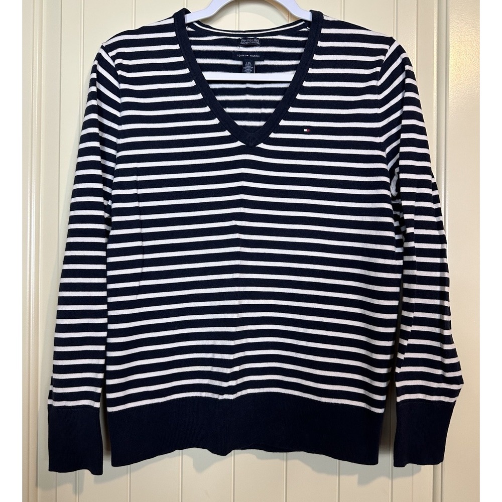 TOMMY HILFIGER Womens Striped V-neck Sweater Sz L Navy Pima Academia Preppy‎